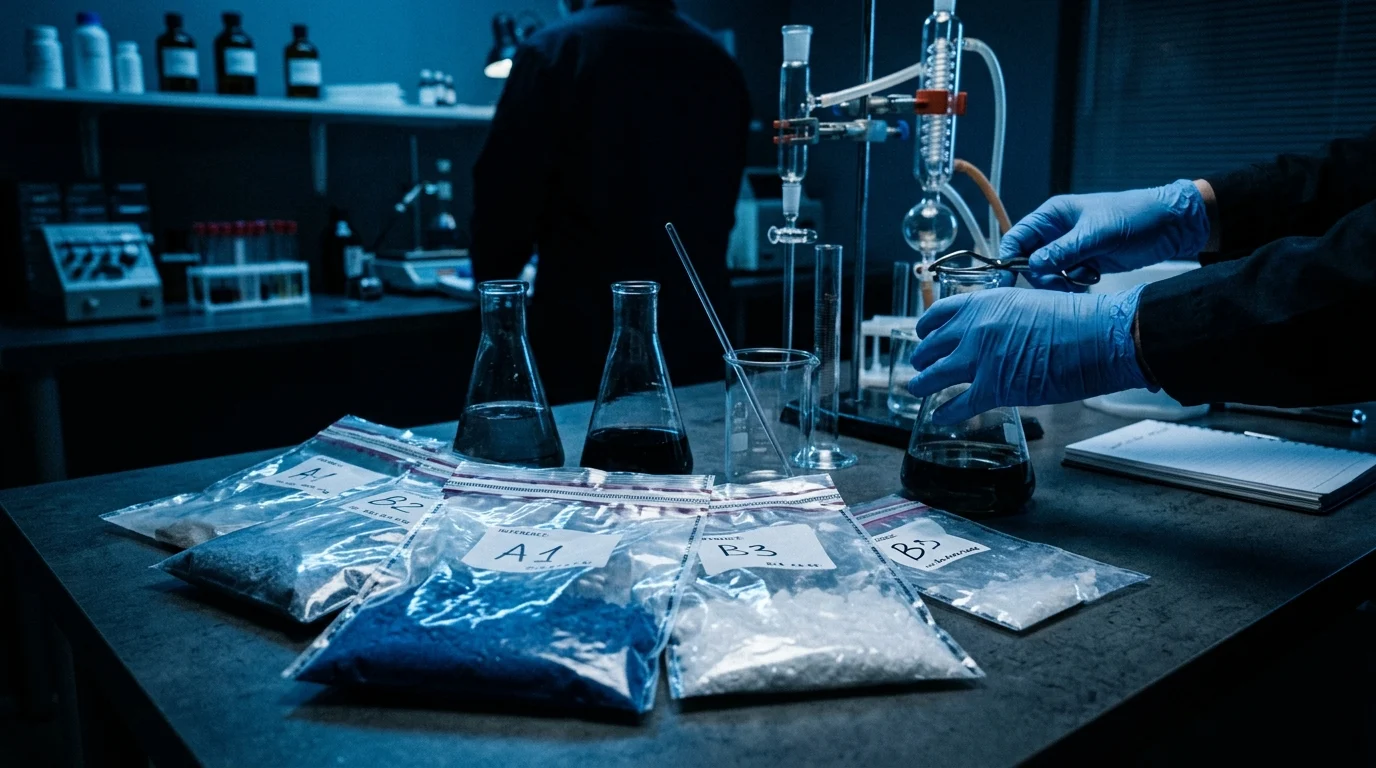 Conceptual imagery representing forensic evidence in a narcotics case.