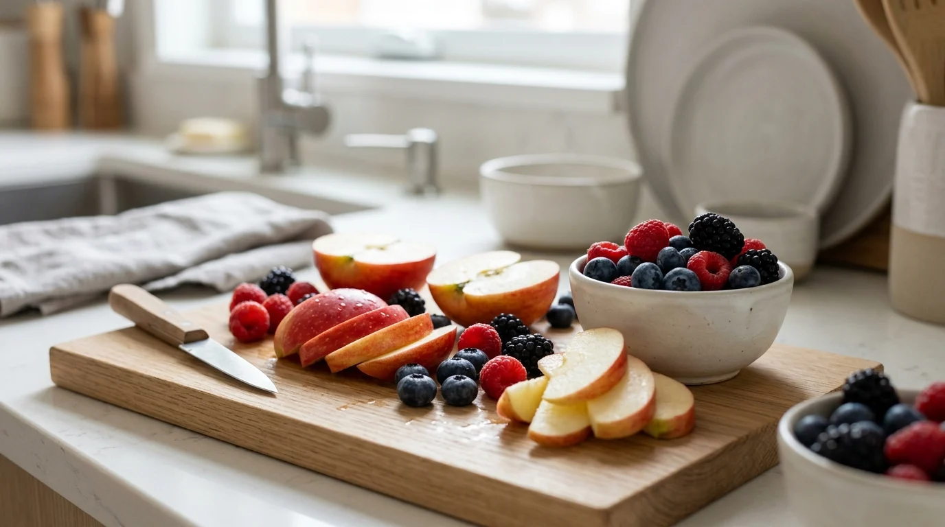 A selection of fresh fruit being prepared in a kitchen.
