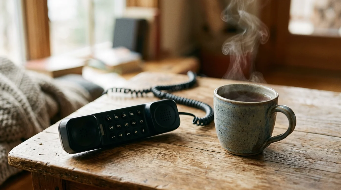 A telephone and a cup of tea on a wooden table representing a friendship call.