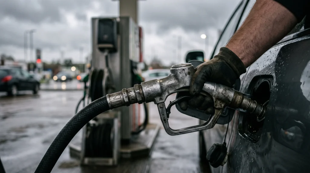 A close-up of a fuel pump nozzle at a petrol station.