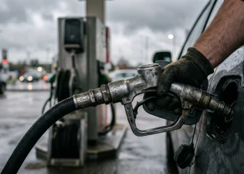 A close-up of a fuel pump nozzle at a petrol station.