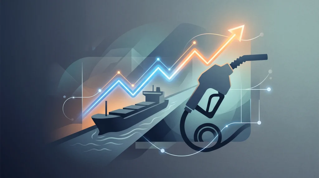 A conceptual illustration of a rising price graph over a shipping lane and a fuel nozzle representing global oil pressures.