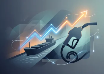 A conceptual illustration of a rising price graph over a shipping lane and a fuel nozzle representing global oil pressures.