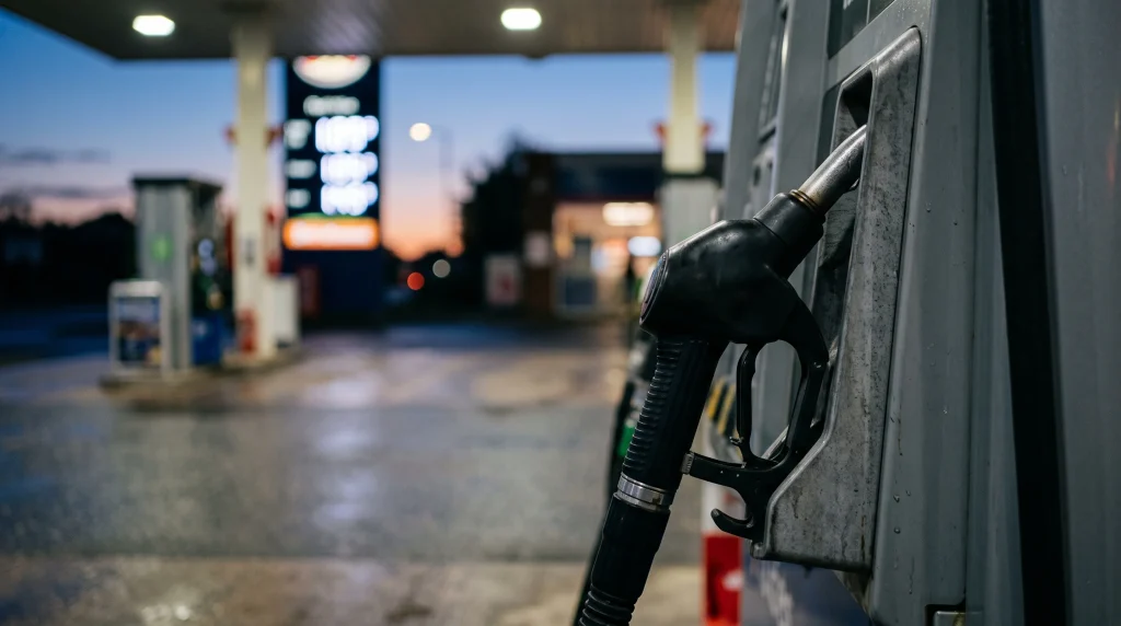 Close-up of a fuel pump nozzle at a petrol station at night.