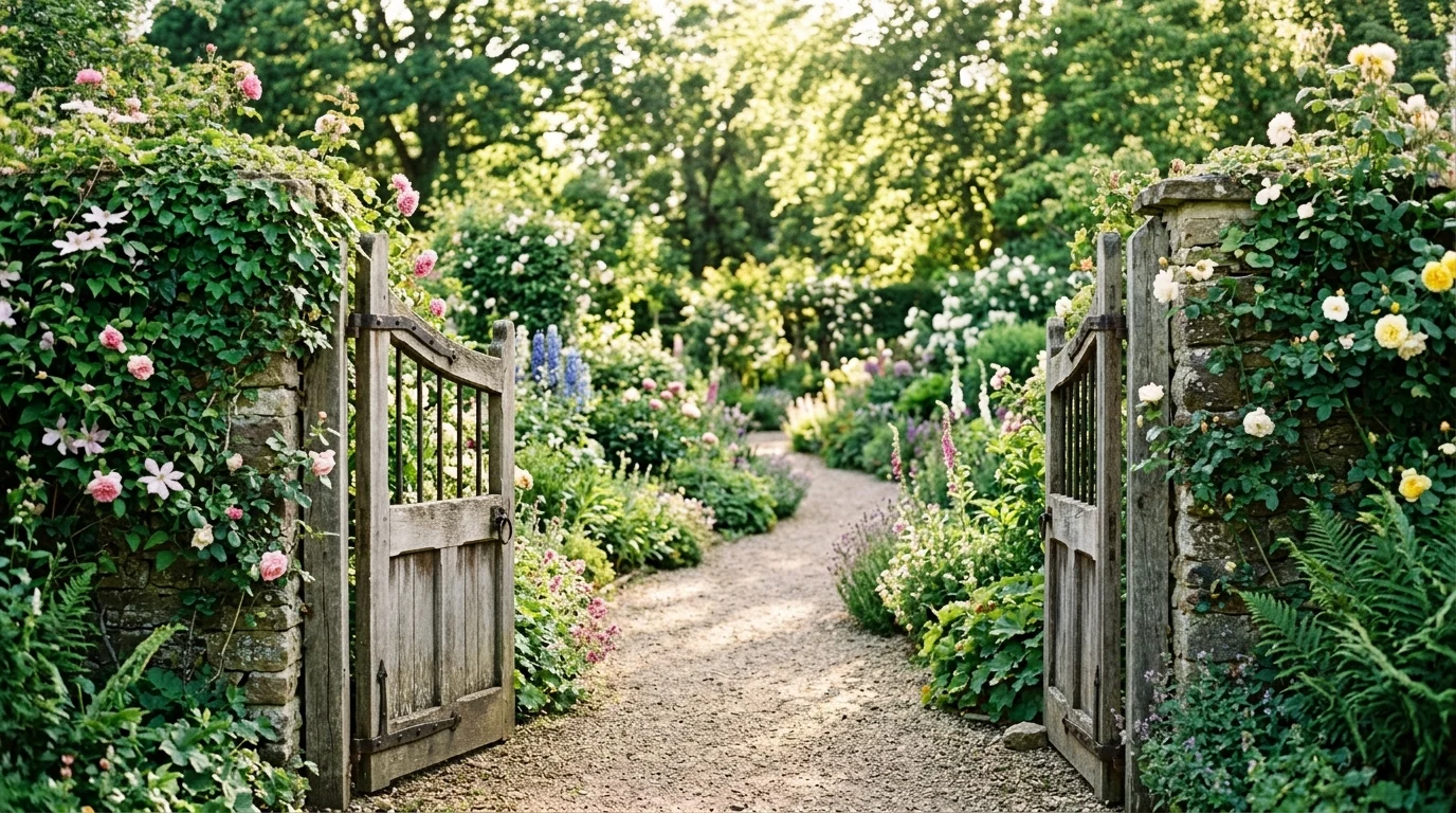 An open wooden gate leading into a vibrant, mature English garden.