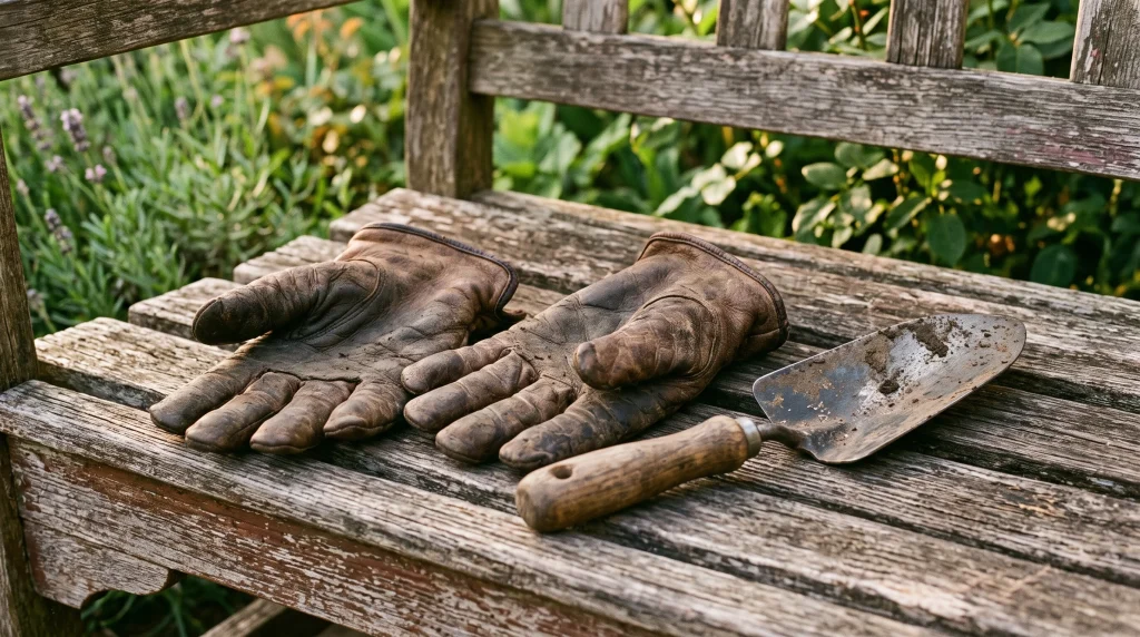 Worn gardening gloves and a trowel resting on a wooden garden bench.