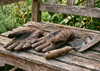 Worn gardening gloves and a trowel resting on a wooden garden bench.