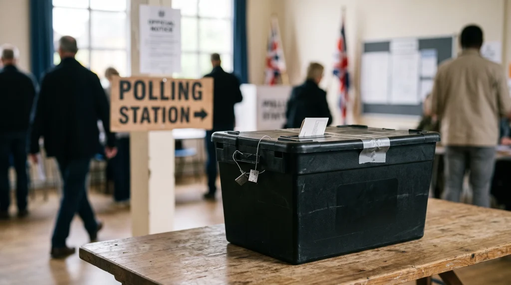 A conceptual illustration of a ballot box at a polling station.