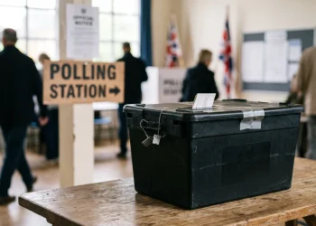 A conceptual illustration of a ballot box at a polling station.