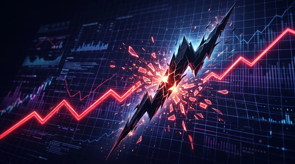 Conceptual financial graph showing a red threshold line being broken by a rising data curve.
