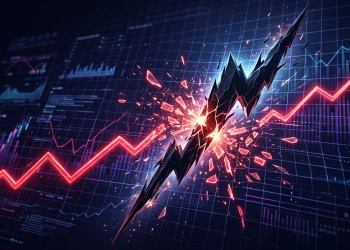 Conceptual financial graph showing a red threshold line being broken by a rising data curve.