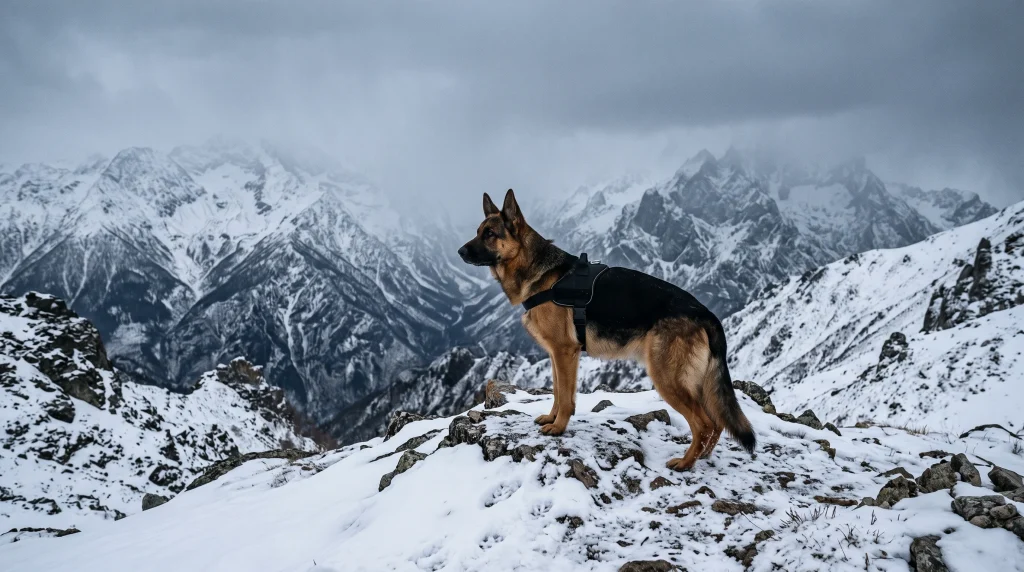 A German Shepherd dog standing in a snowy landscape