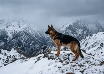 A German Shepherd dog standing in a snowy landscape