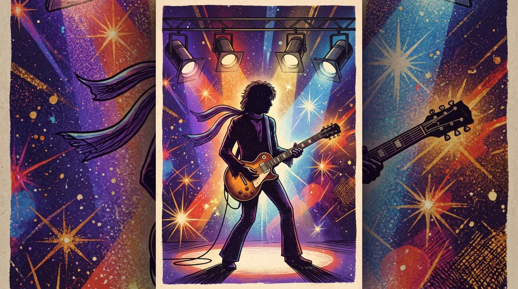 A conceptual illustration of a 1970s glam rock stage with spotlights and glitter.