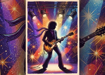 A conceptual illustration of a 1970s glam rock stage with spotlights and glitter.