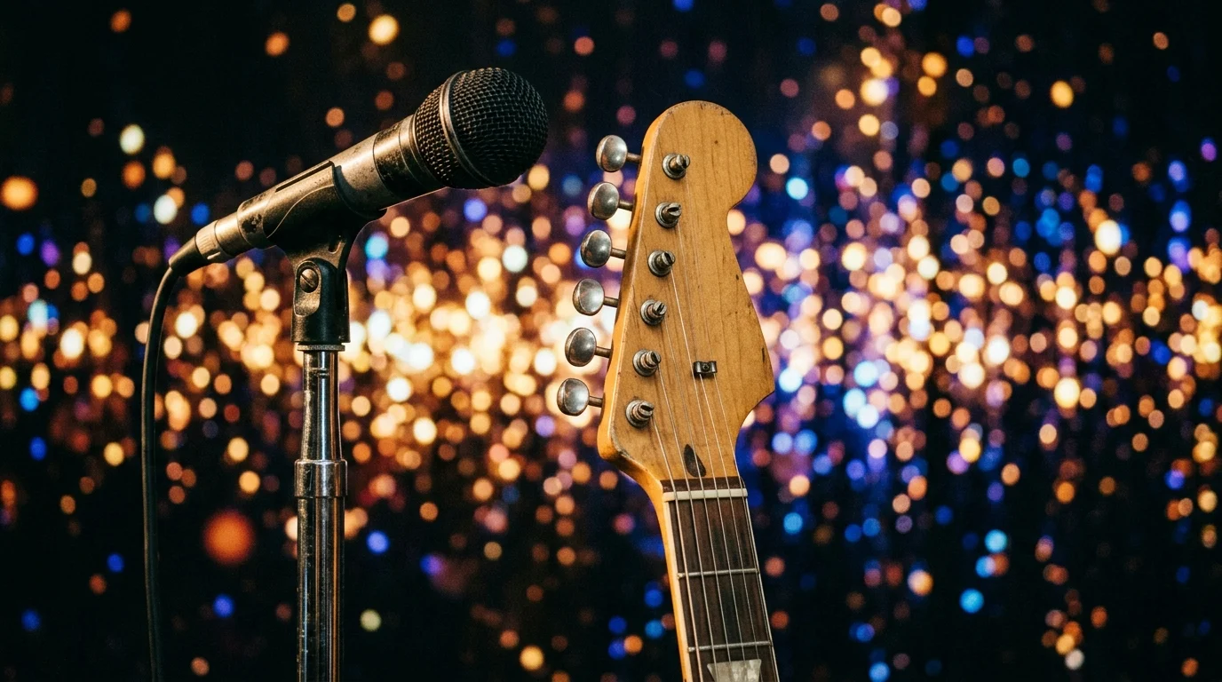 A conceptual close-up of a vintage microphone and guitar on a glittering stage.