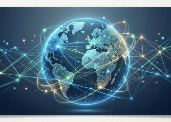 Conceptual illustration of a connected digital globe representing global stability.