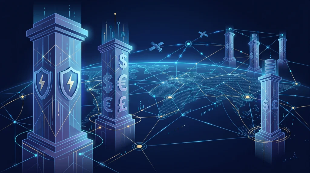 A conceptual illustration representing global security and financial systems.