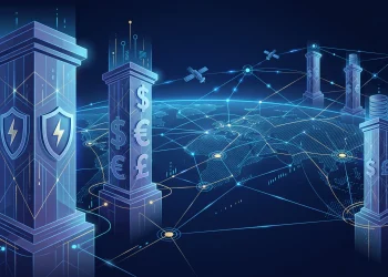 A conceptual illustration representing global security and financial systems.
