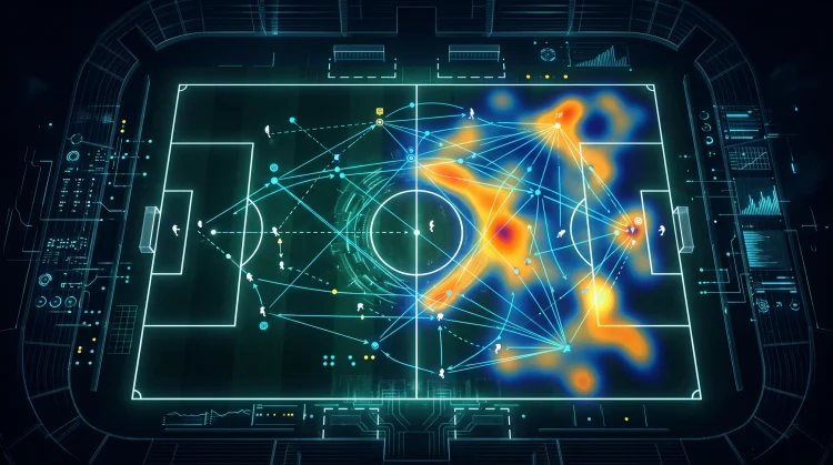 Digital visualization of football data analytics and tracking on a pitch.