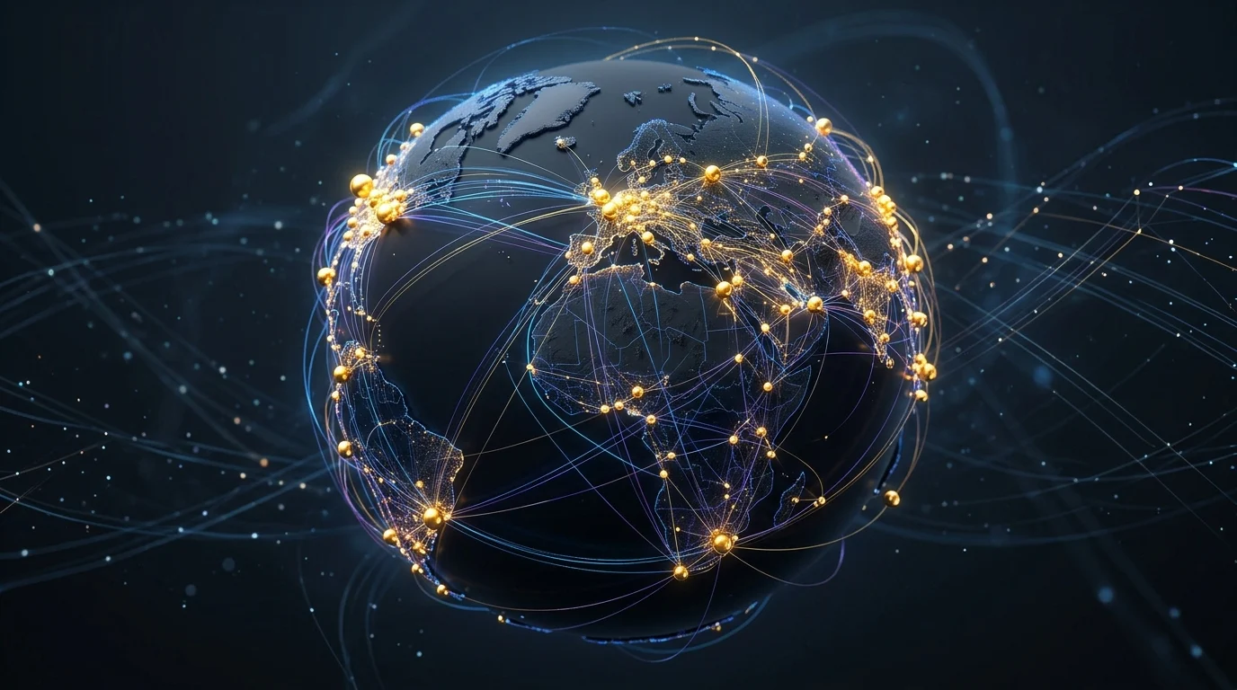 Abstract visualization of global branding and commercial networks.