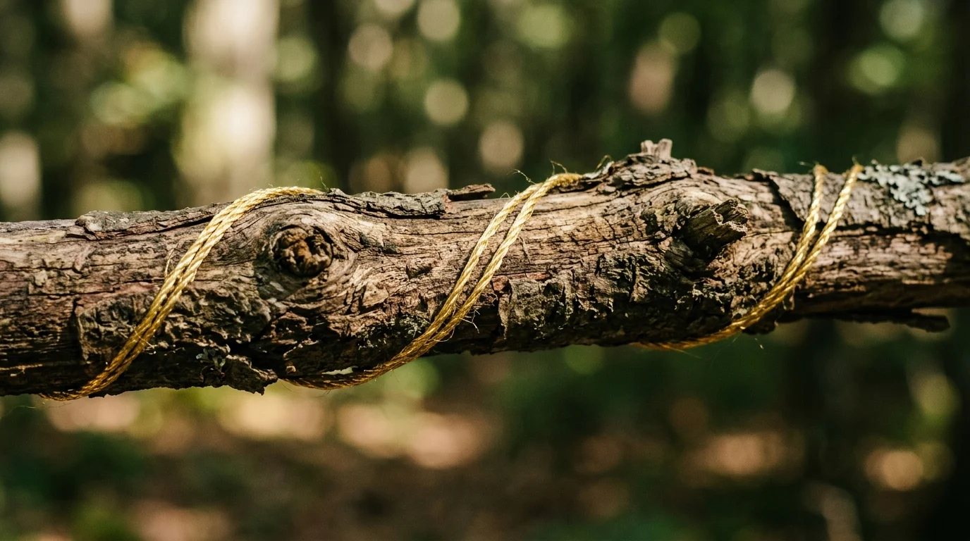 Close up of a golden thread on a branch.