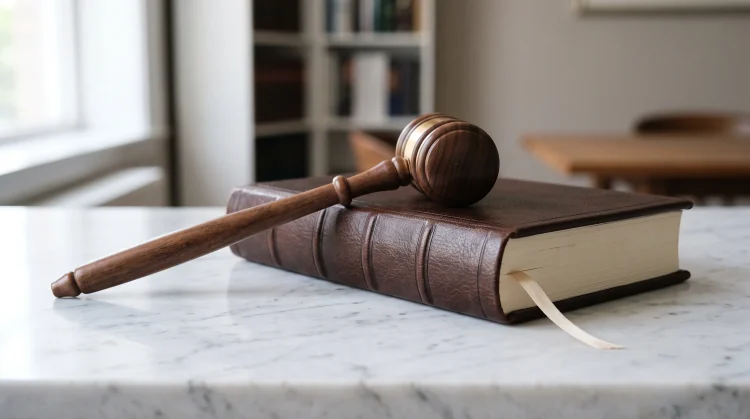 A wooden gavel resting on a white marble surface.