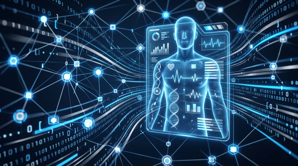 Conceptual image representing digital medical record security and data networks.