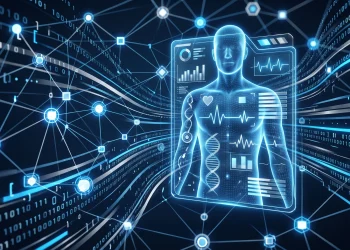 Conceptual image representing digital medical record security and data networks.
