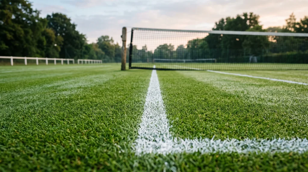 A close-up of a professional grass tennis court with white marking lines.