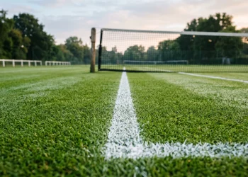 A close-up of a professional grass tennis court with white marking lines.