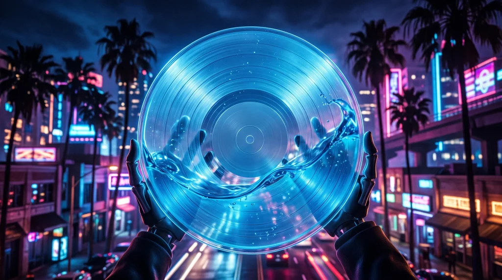 A conceptual illustration of a liquid-filled vinyl record against a neon cityscape.