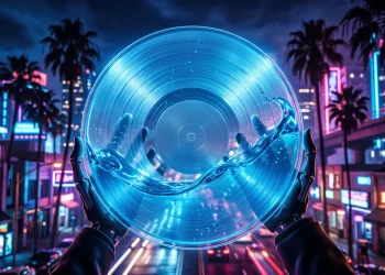 A conceptual illustration of a liquid-filled vinyl record against a neon cityscape.