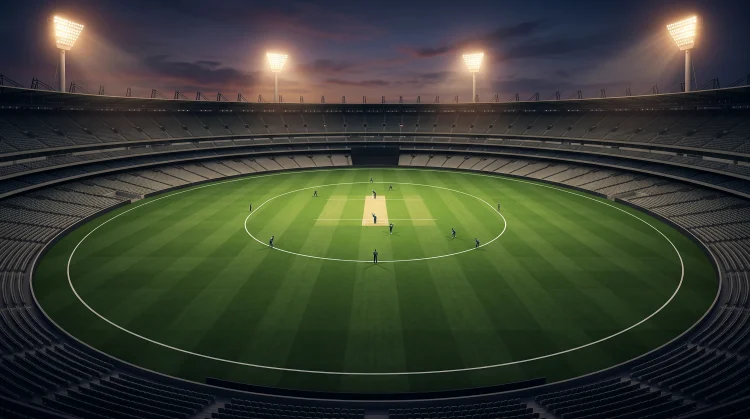 A brightly lit cricket stadium under a dusk sky representing the venue in Guwahati.