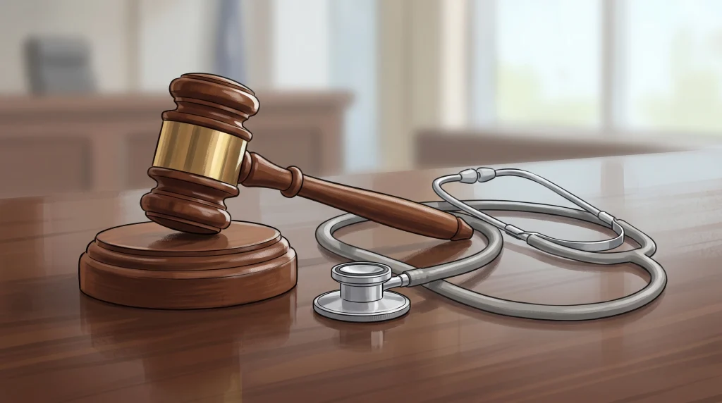 A gavel and a stethoscope representing health policy and governance.
