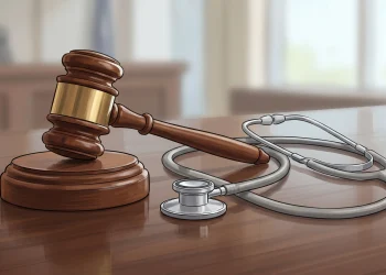 A gavel and a stethoscope representing health policy and governance.