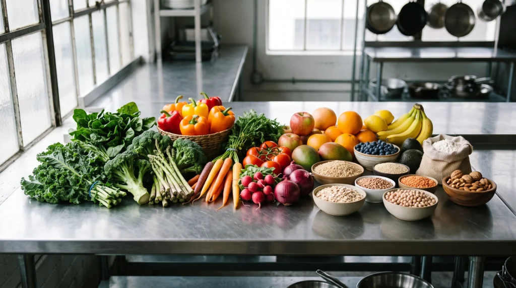 A selection of fresh, healthy ingredients on a kitchen counter.
