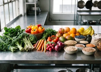 A selection of fresh, healthy ingredients on a kitchen counter.