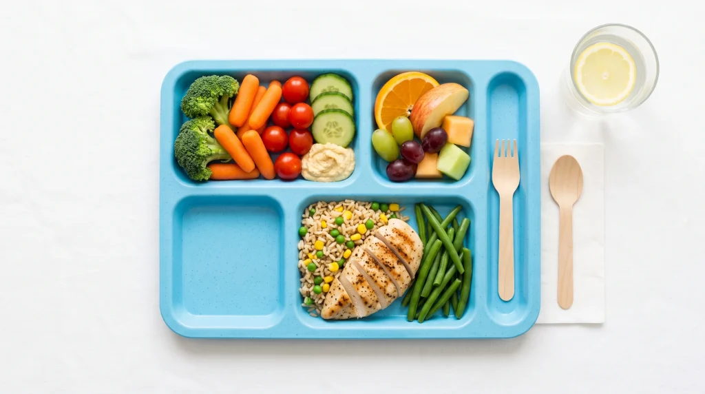 A conceptual image of a healthy school meal with fruit and vegetables.