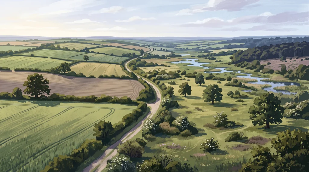 Conceptual illustration of a nature restoration project across an English estate landscape.