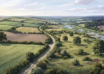 Conceptual illustration of a nature restoration project across an English estate landscape.