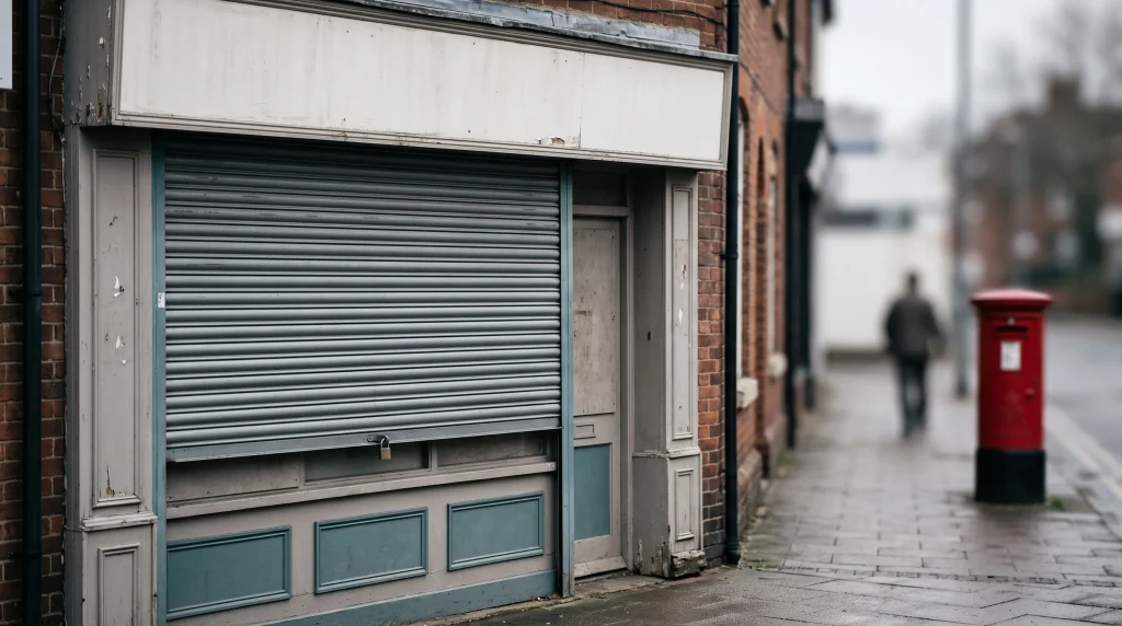A conceptual image of a closed storefront on a British high street.