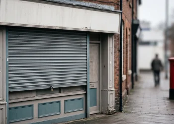 A conceptual image of a closed storefront on a British high street.