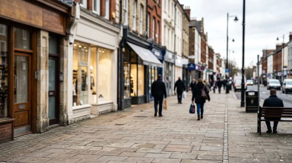 A generic British high street storefront area in soft focus.