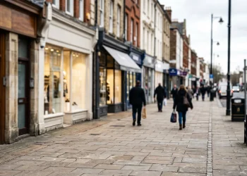 A generic British high street storefront area in soft focus.