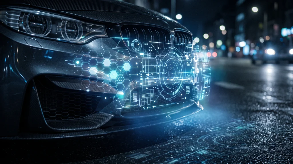 Conceptual illustration of digital scanning technology focusing on a car's front bumper.
