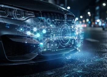 Conceptual illustration of digital scanning technology focusing on a car's front bumper.