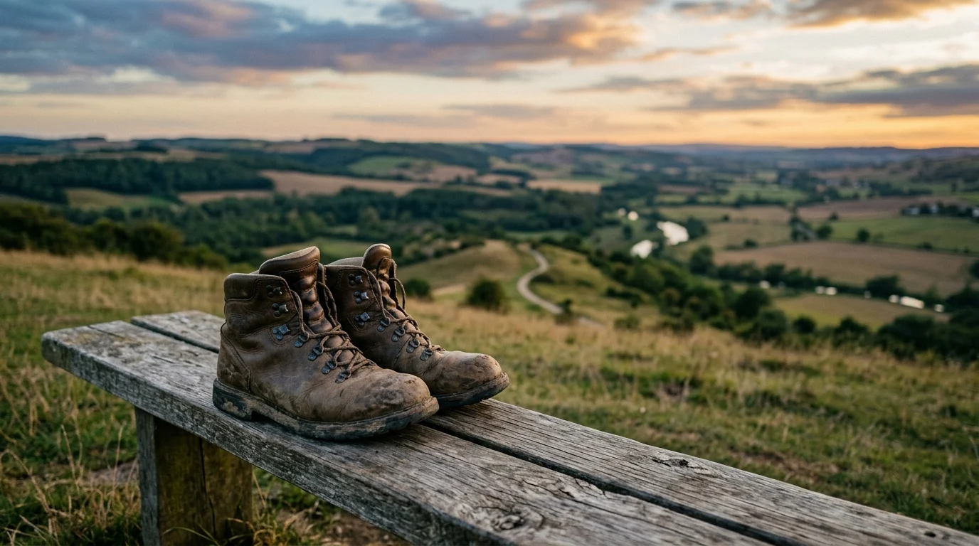Walking boots on a bench overlooking the countryside.