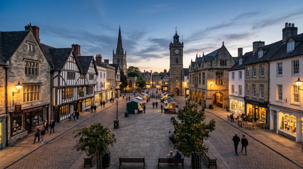 A conceptual view of a historic English town square at dusk.