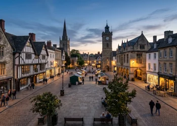 A conceptual view of a historic English town square at dusk.